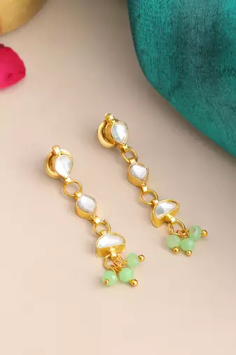 Gold plated kundan mint green beaded drop earrings