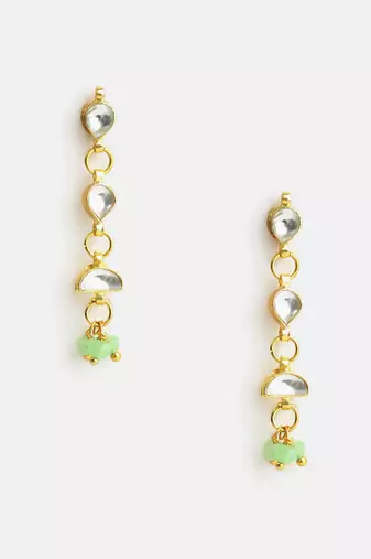 Gold plated kundan mint green beaded drop earrings