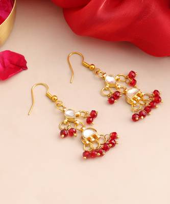 Gold plated pearl ruby red chandelier earrings 2