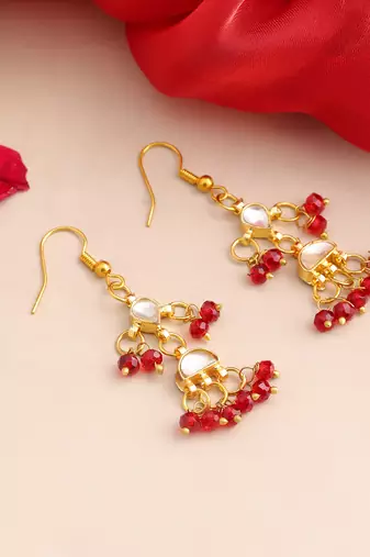 Gold plated pearl ruby red chandelier earrings