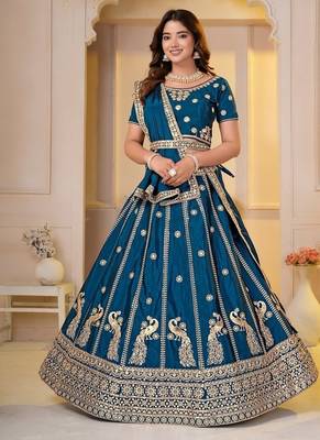 TEAL BLUE CHINON SILK PARTY WEAR EMBROIDERY LEHENGA CHOLI  1