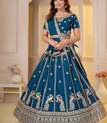 TEAL BLUE CHINON SILK PARTY WEAR EMBROIDERY LEHENGA CHOLI 