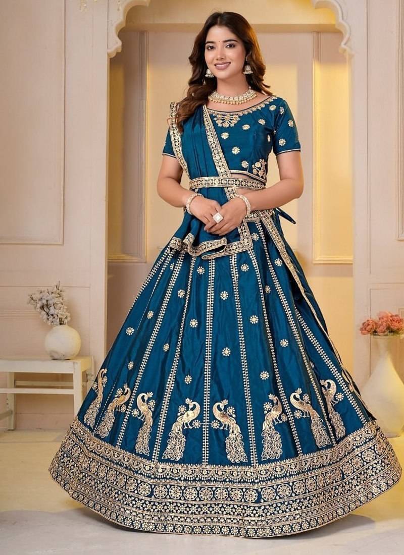 TEAL BLUE CHINON SILK PARTY WEAR EMBROIDERY LEHENGA CHOLI 