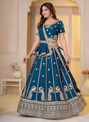TEAL BLUE CHINON SILK PARTY WEAR EMBROIDERY LEHENGA CHOLI  2