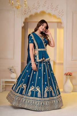 TEAL BLUE CHINON SILK PARTY WEAR EMBROIDERY LEHENGA CHOLI  4
