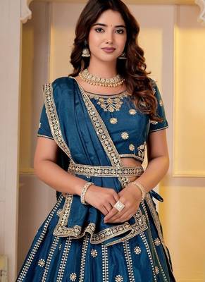 TEAL BLUE CHINON SILK PARTY WEAR EMBROIDERY LEHENGA CHOLI  5