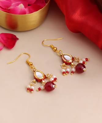 Gold plated kundan pearl maroon earrings 2