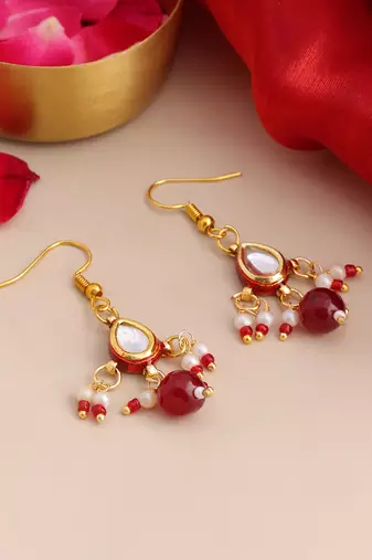 Gold plated kundan pearl maroon earrings