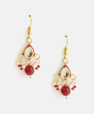 Gold plated kundan pearl maroon earrings 3