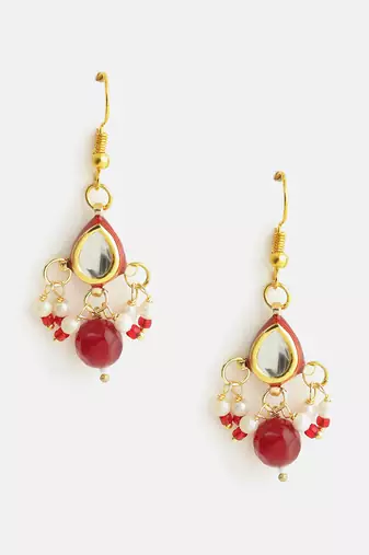 Gold plated kundan pearl maroon earrings
