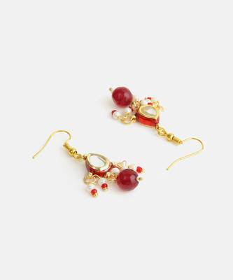Gold plated kundan pearl maroon earrings 4