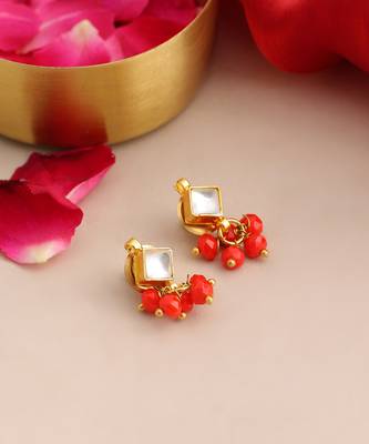 Gold plated kundan coral red stud earrings 2