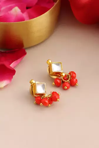 Gold plated kundan coral red stud earrings