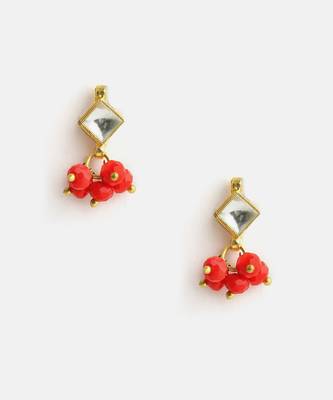 Gold plated kundan coral red stud earrings 3