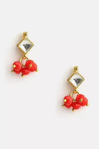 Gold plated kundan coral red stud earrings
