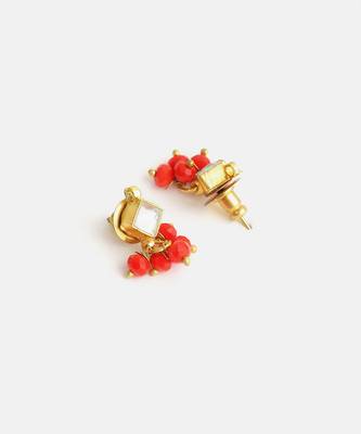 Gold plated kundan coral red stud earrings 4