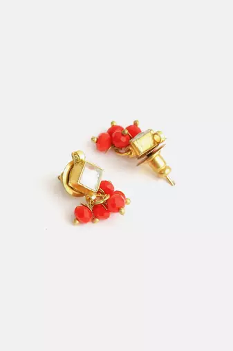 Gold plated kundan coral red stud earrings