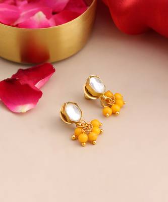 Gold plated kundan amber yellow stud earrings 2