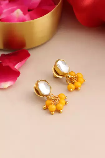 Gold plated kundan amber yellow stud earrings