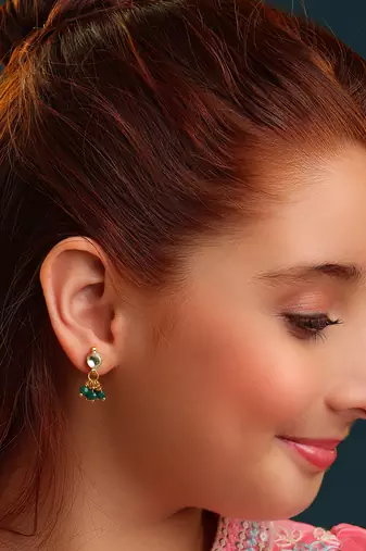 Gold plated kundan emerald green stud earrings
