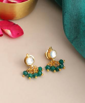 Gold plated kundan emerald green stud earrings 2