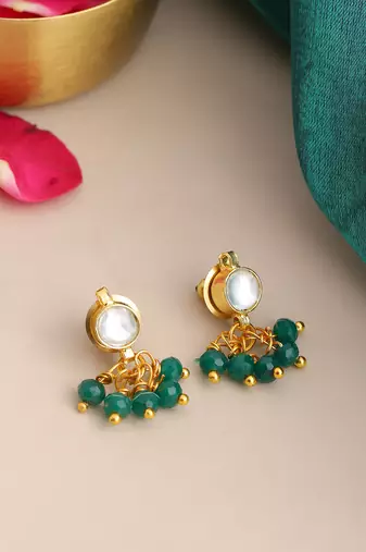 Gold plated kundan emerald green stud earrings