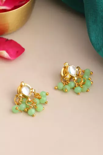 Gold plated kundan mint green cluster earrings