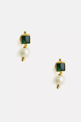 Gold plated emerald green pearl stud earrings