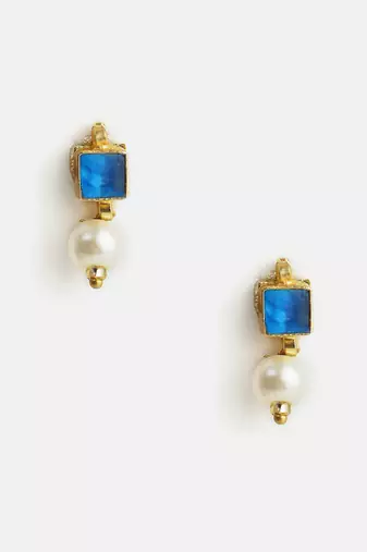 Gold plated blue stone pearl earrings