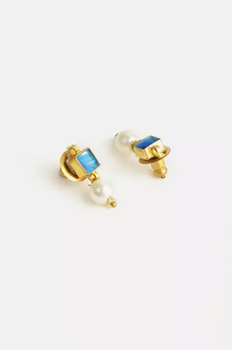 Gold plated blue stone pearl earrings