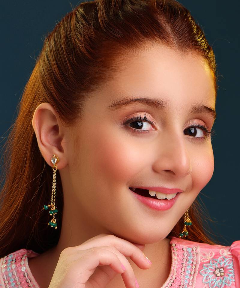Gold plated kundan emerald green chain earrings
