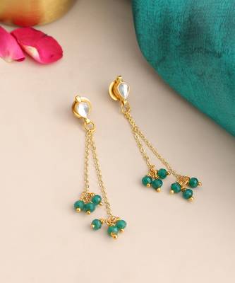 Gold plated kundan emerald green chain earrings 2