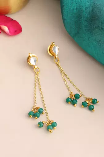 Gold plated kundan emerald green chain earrings