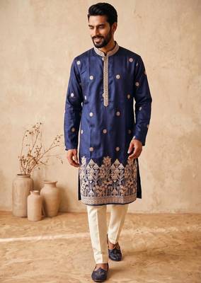 Premium navy blue designer ethnic collection –  silk kurta pajama sets with luxurious detailing 2