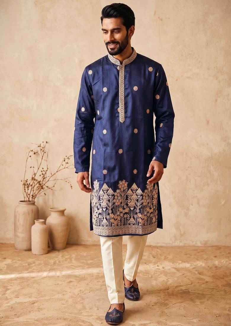 Premium navy blue designer ethnic collection –  silk kurta pajama sets with luxurious detailing