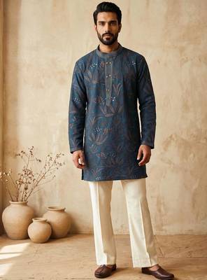 Premium rama blue designer ethnic collection – heavy lachaka kurta pajama sets with luxurious detailing 1