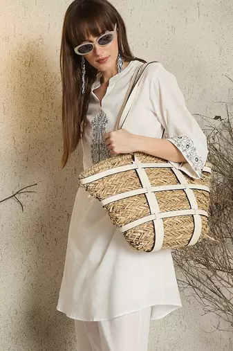 White cotton a-line kurta with trousers
