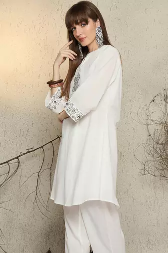 White cotton a-line kurta with trousers