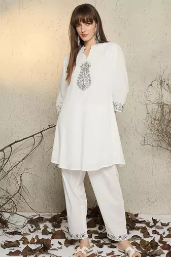 White cotton a-line kurta with trousers