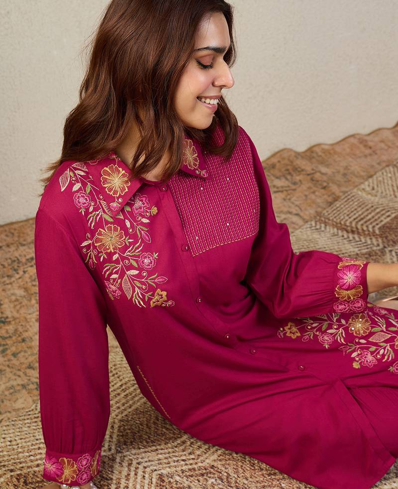 Pink cotton a-line kurta with trousers