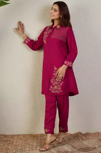 Pink cotton a-line kurta with trousers