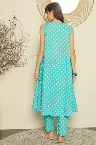 Sea green cotton a-line kurta with trousers