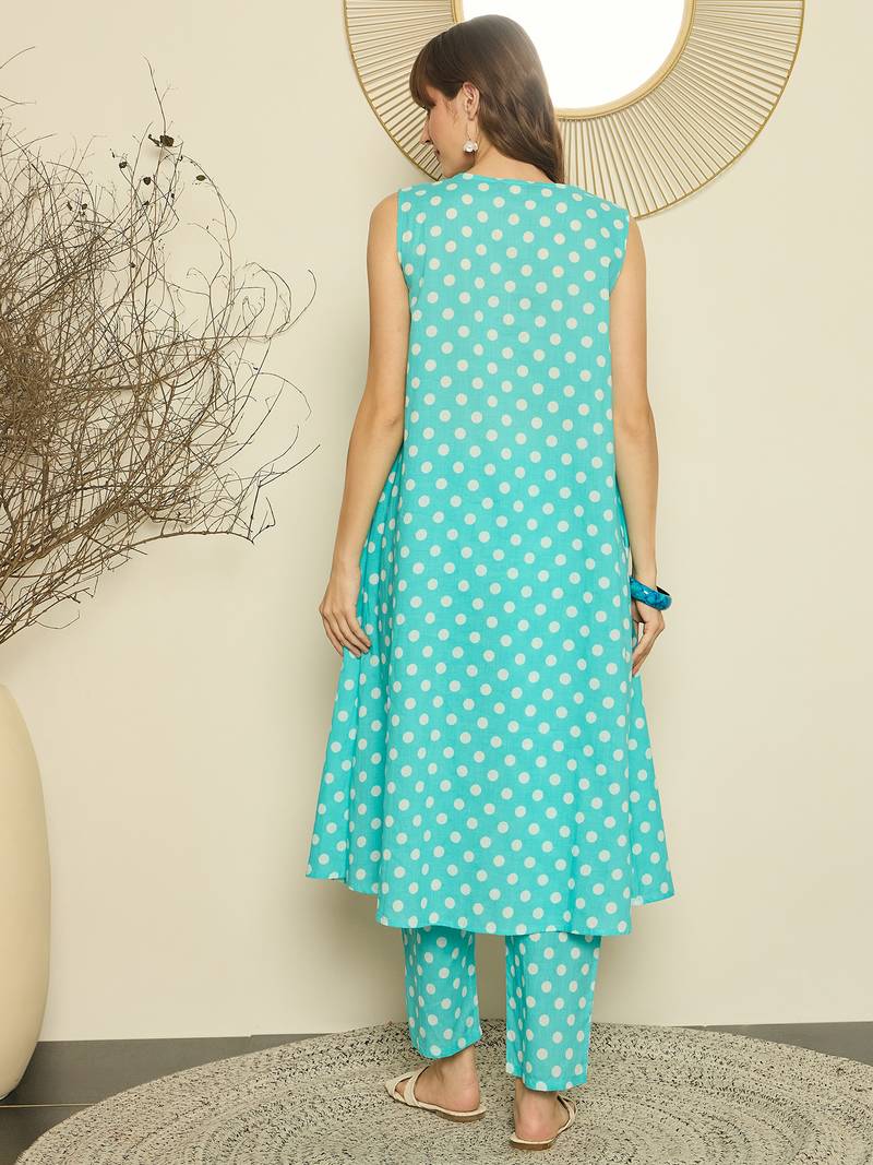 Sea green cotton a-line kurta with trousers