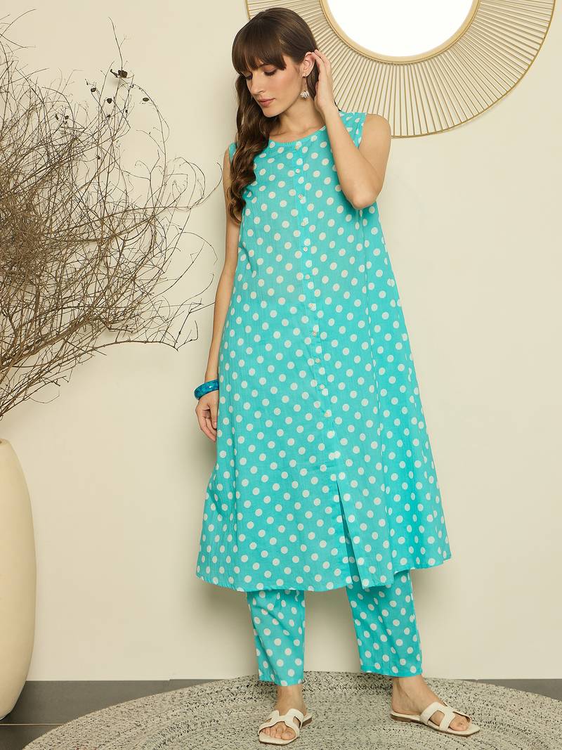 Sea green cotton a-line kurta with trousers