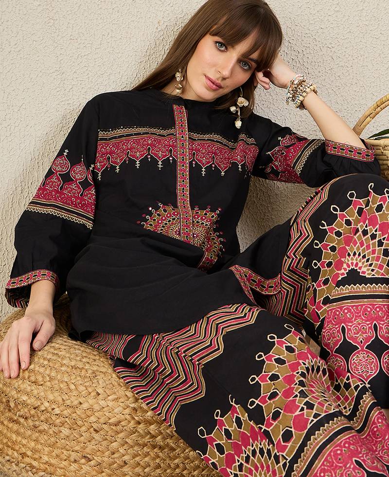 Black cotton a-line kurta with palazzos