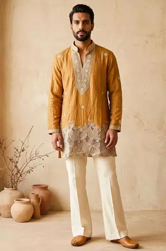 Premium orange designer ethnic collection – salsa fabric kurta pajama sets with luxurious detailing