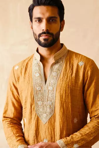 Premium orange designer ethnic collection – salsa fabric kurta pajama sets with luxurious detailing