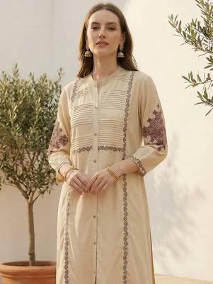 Beige rayon straight kurta with palazzos 1