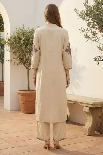 Beige rayon straight kurta with palazzos