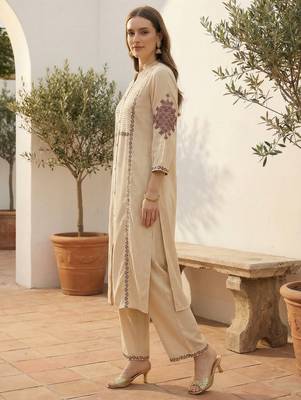 Beige rayon straight kurta with palazzos 3